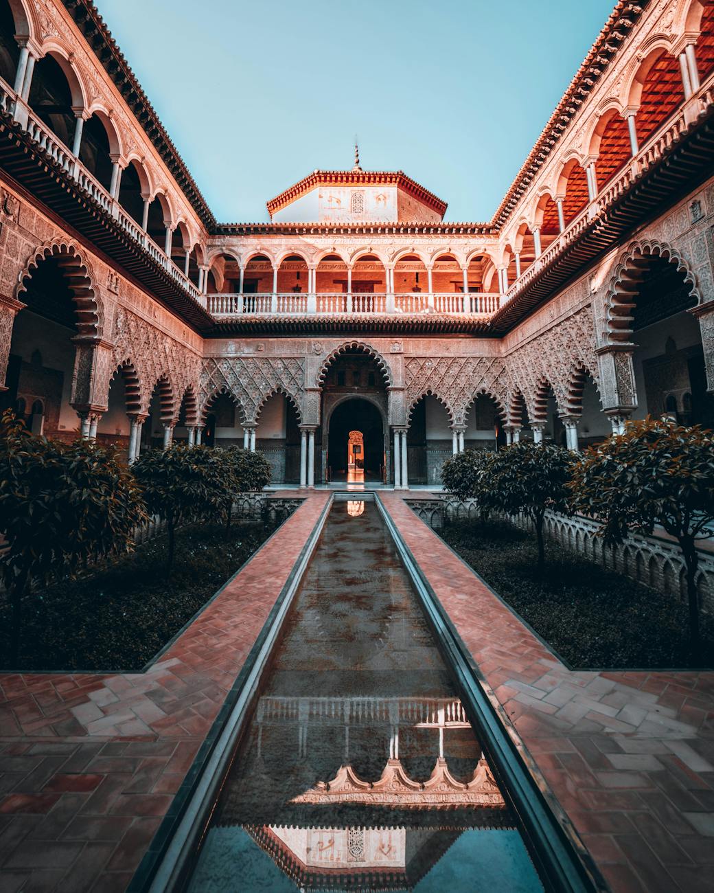 courtyard with trees and water