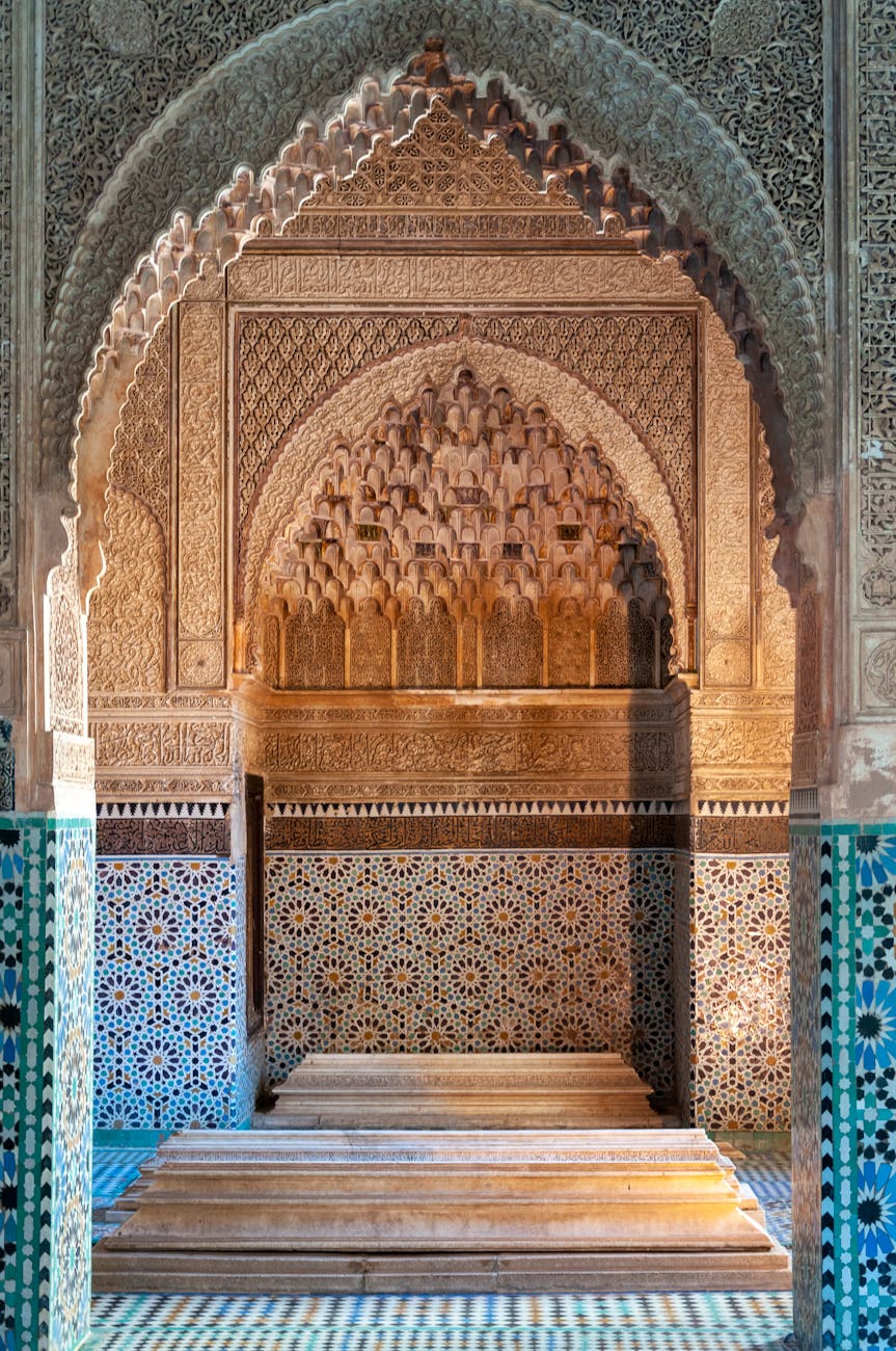 interior of arabic palace with ornamental arched passage
