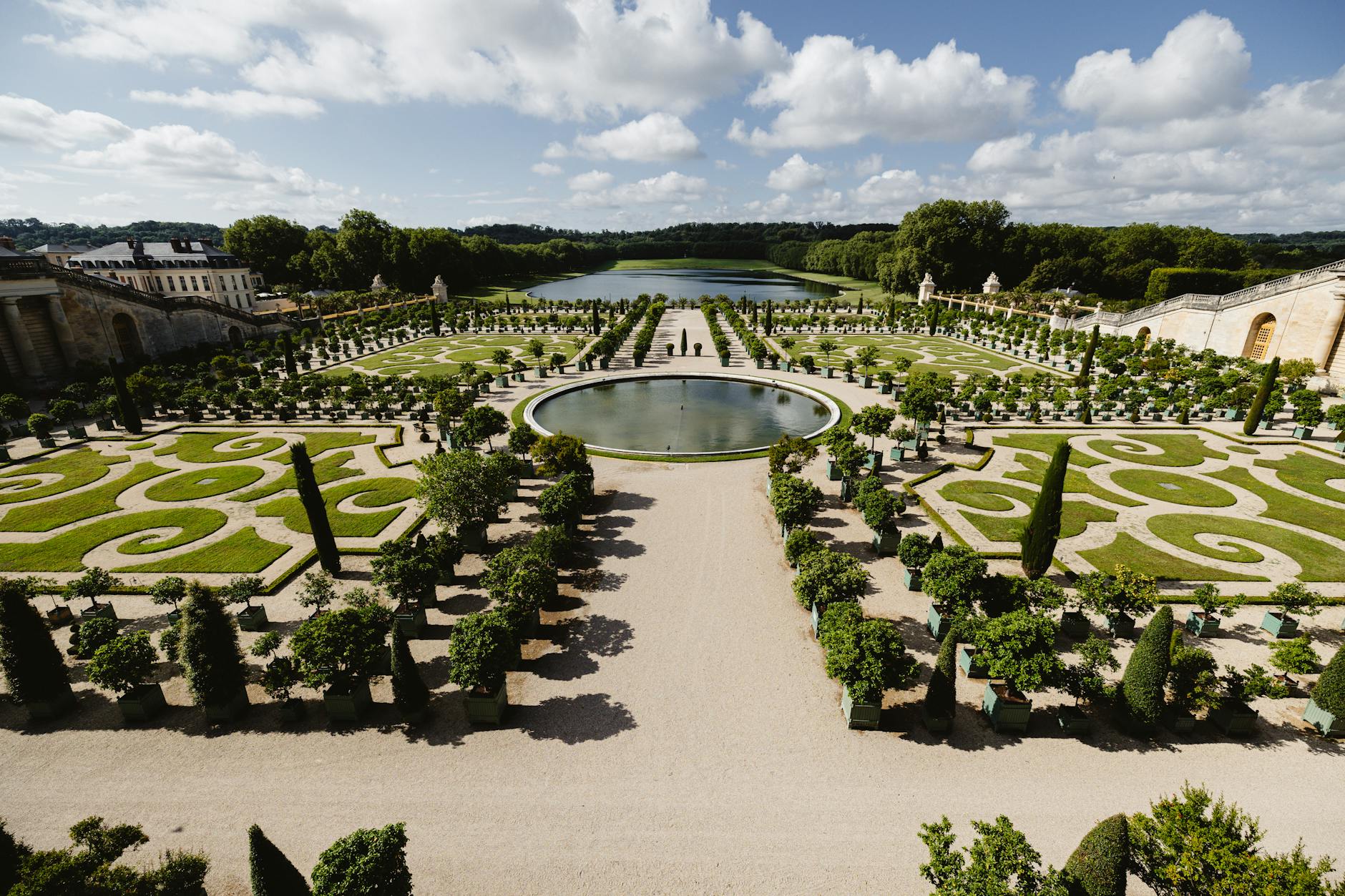 aerial view of versailles gardens in summer
