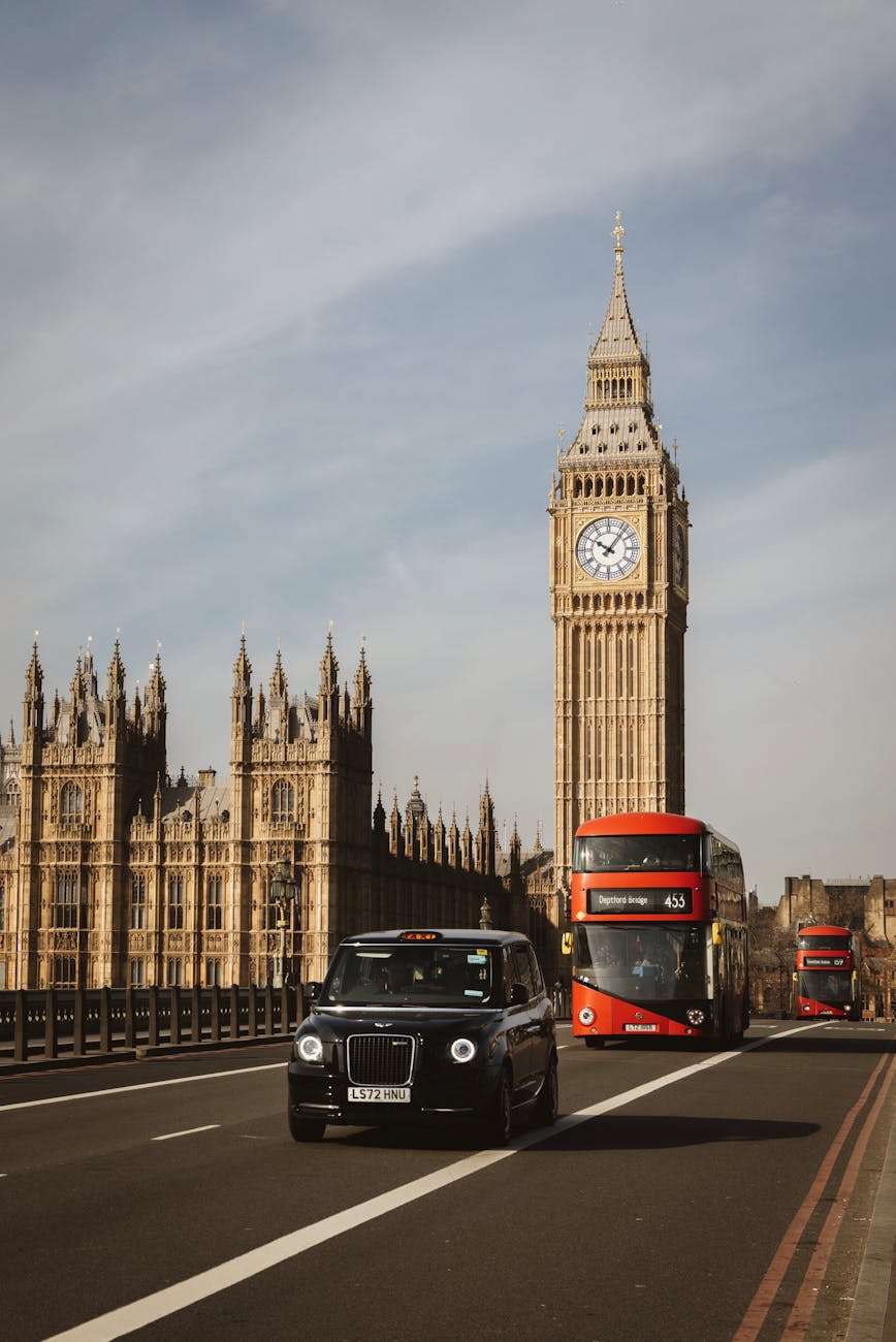 iconic big ben and red buses in london