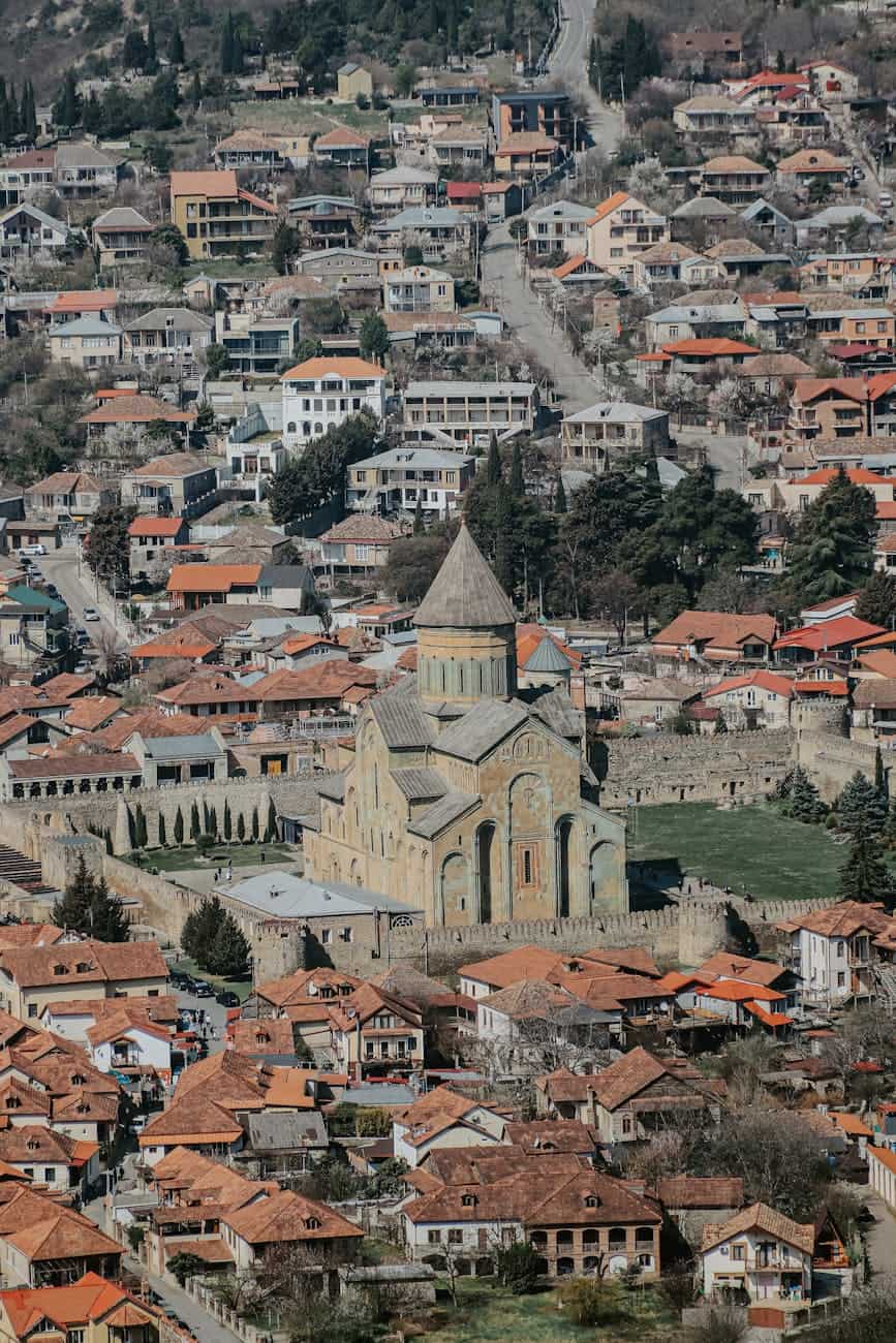 aerial view of historical svetitskhoveli cathedral