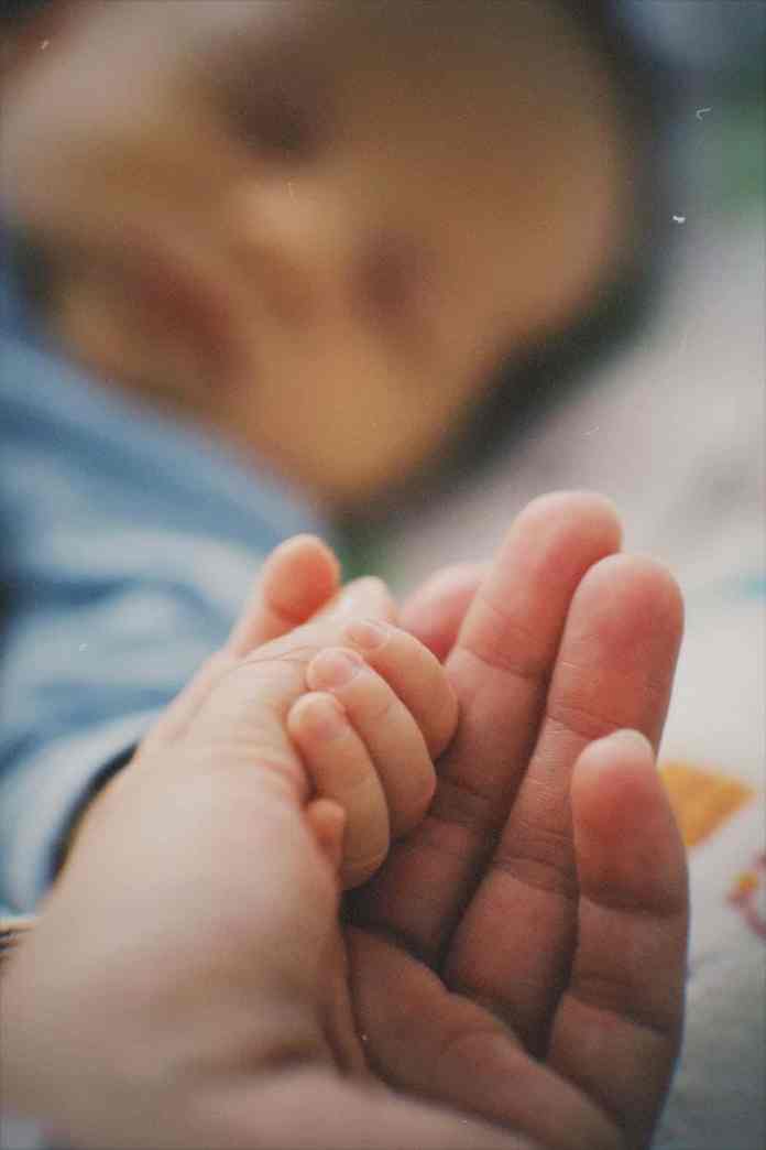 tender baby hand holding adult finger in focus